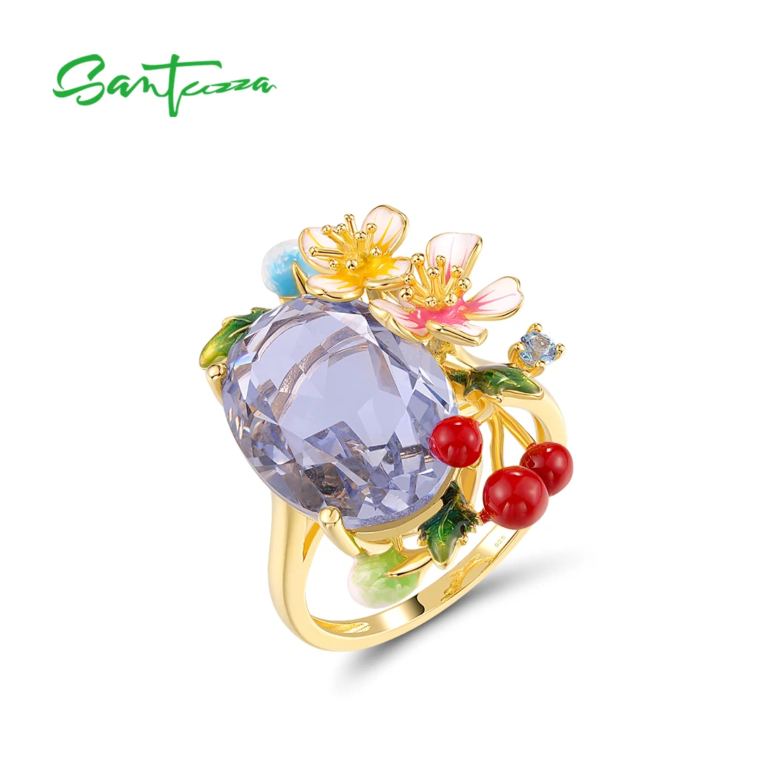 SANTUZZA Pure 925 Sterling Silver Statement Rings For Women Floral And Cherry Eye Catching Party Gifts Enamel Fine Jewelry
