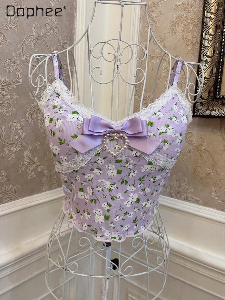 Sweet Girl Ins Purple Floral Bow Heart-Shaped Cropped Tops Ladies 2024 Summer New Lolita Lace Slim Fit Short Padded Strap Vest