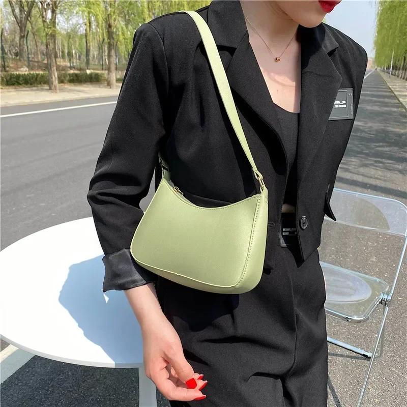 Fashion Women\'s Small Shoulder Bags Casual Solid Color Totes Bag PU Leather High Quality Underarm Bags Zipper Design Lady Wallet