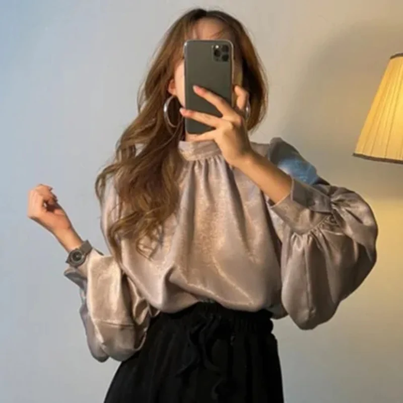 GIDYQ Korean Chic Stand Collar Shirts Women Elegant All Match Solid Lantern Sleeve Pullover Vintage Loose Office Lady Blouse New