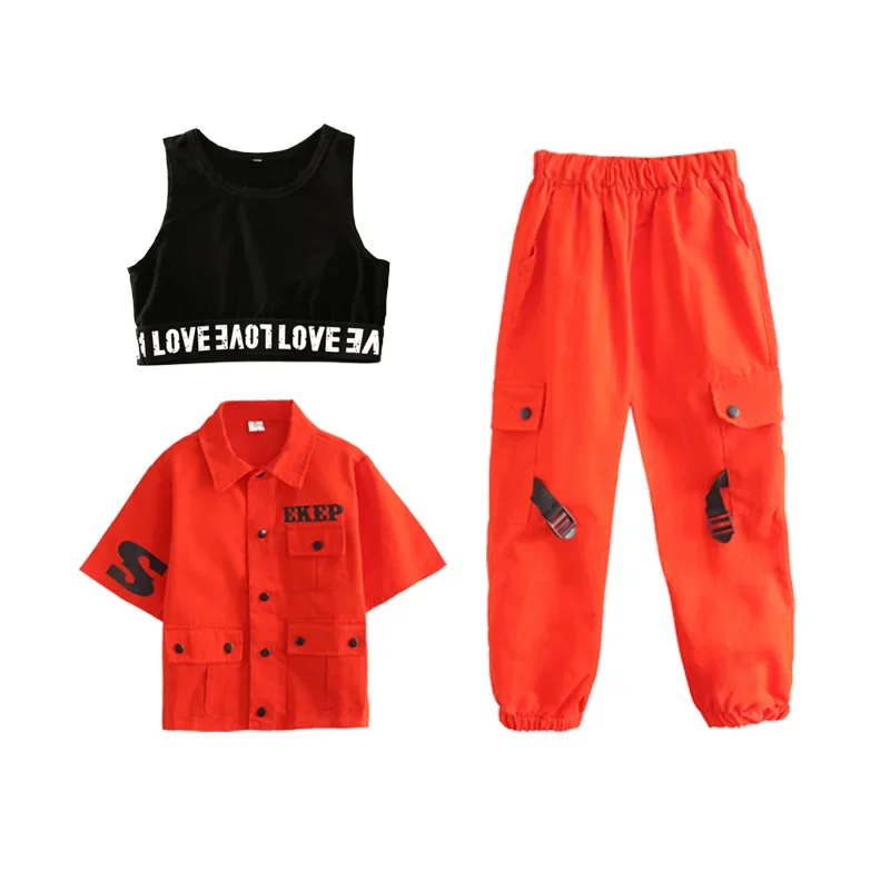 Trajes de dança jazz hip hop infantil, jaqueta laranja, calça casual solta para meninos e meninas, roupas de rua hip hop, roupa de salão