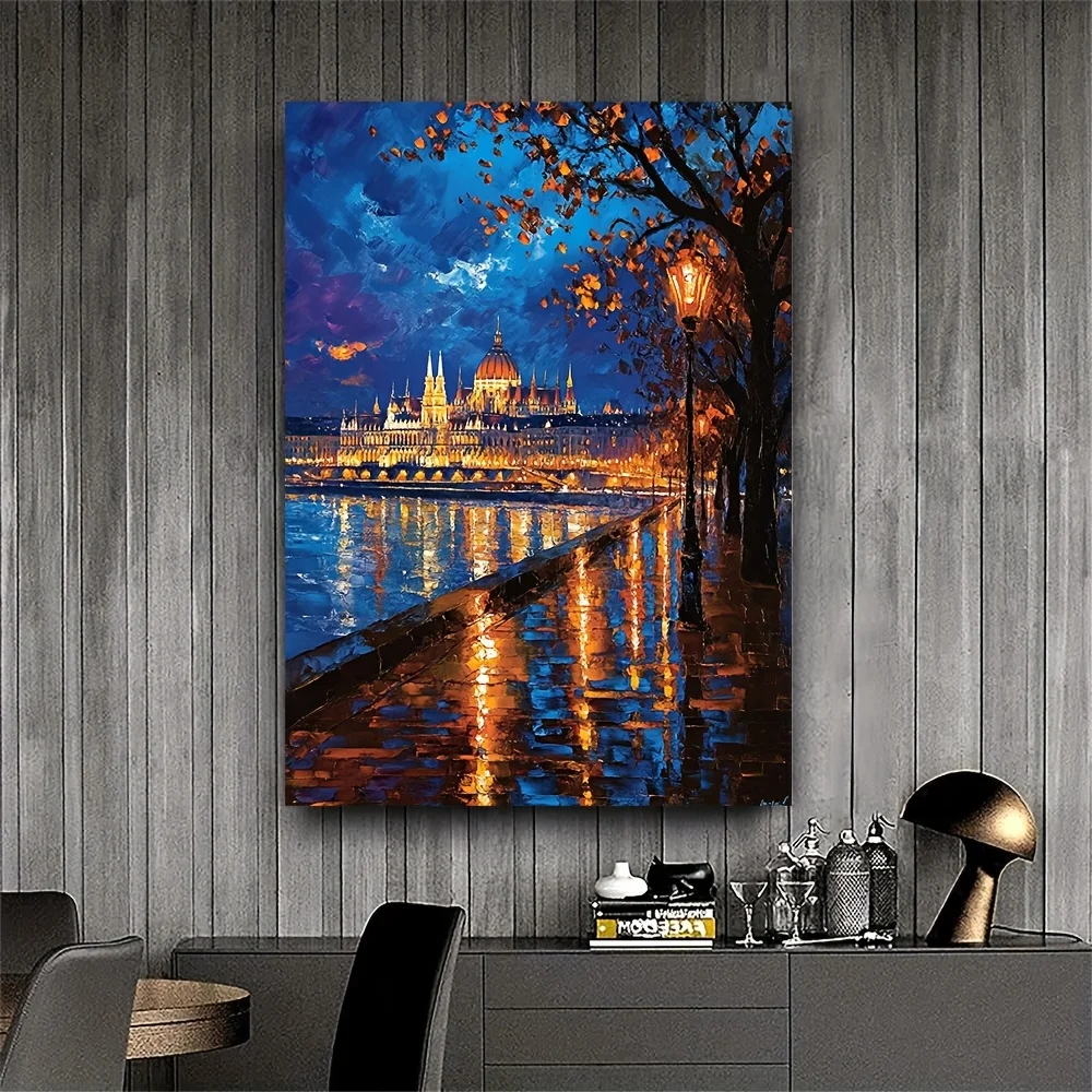 (No frame)1pc Budapest Hungary at Night Canvas Wall Art - 12x16 Inch Retro Oil Painting Style Framed Print, Vibrant Colors &