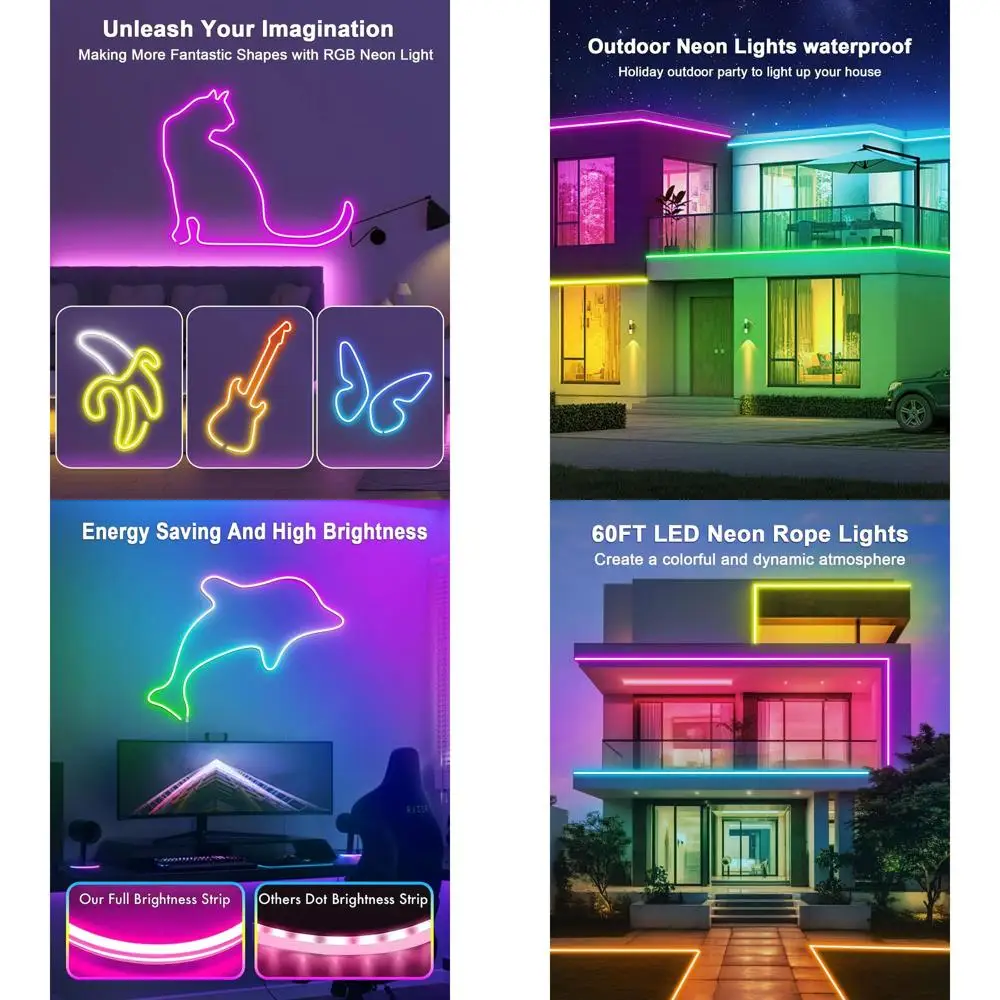 

Гибкие светодиодные неоновые веревочные фонари RGB, водонепроницаемые для улицы, приложение/дистанционное управление, несколько режимов, синхронизация музыки для домашнего и наружного декора