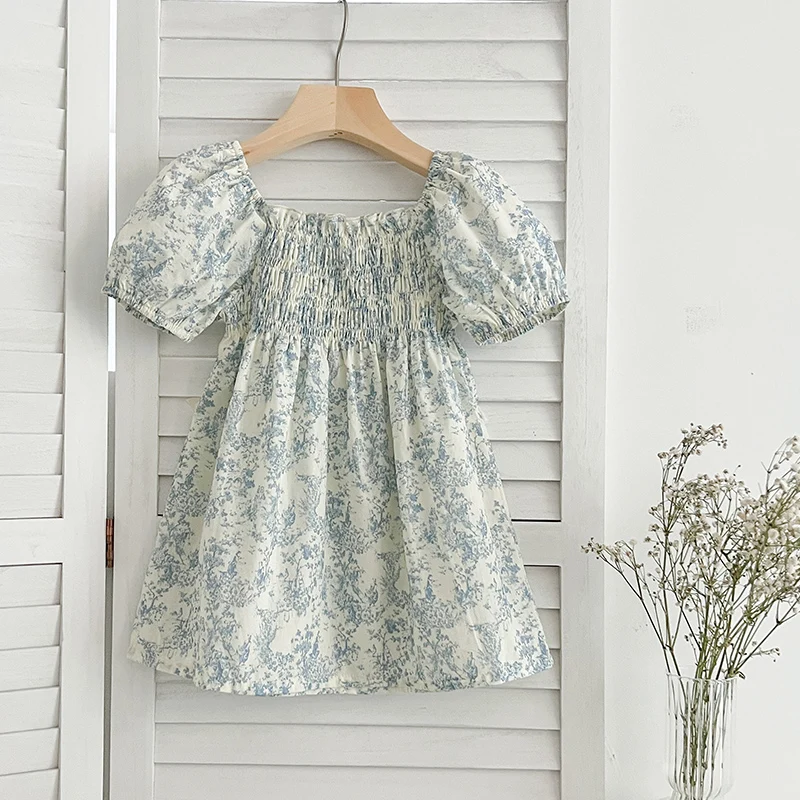 New Summer Clothes Baby Girls Princess Dresses Puff Sleeve Blue Flower Toddlers Vacation Kids Cotton Cute Dress Korean Style