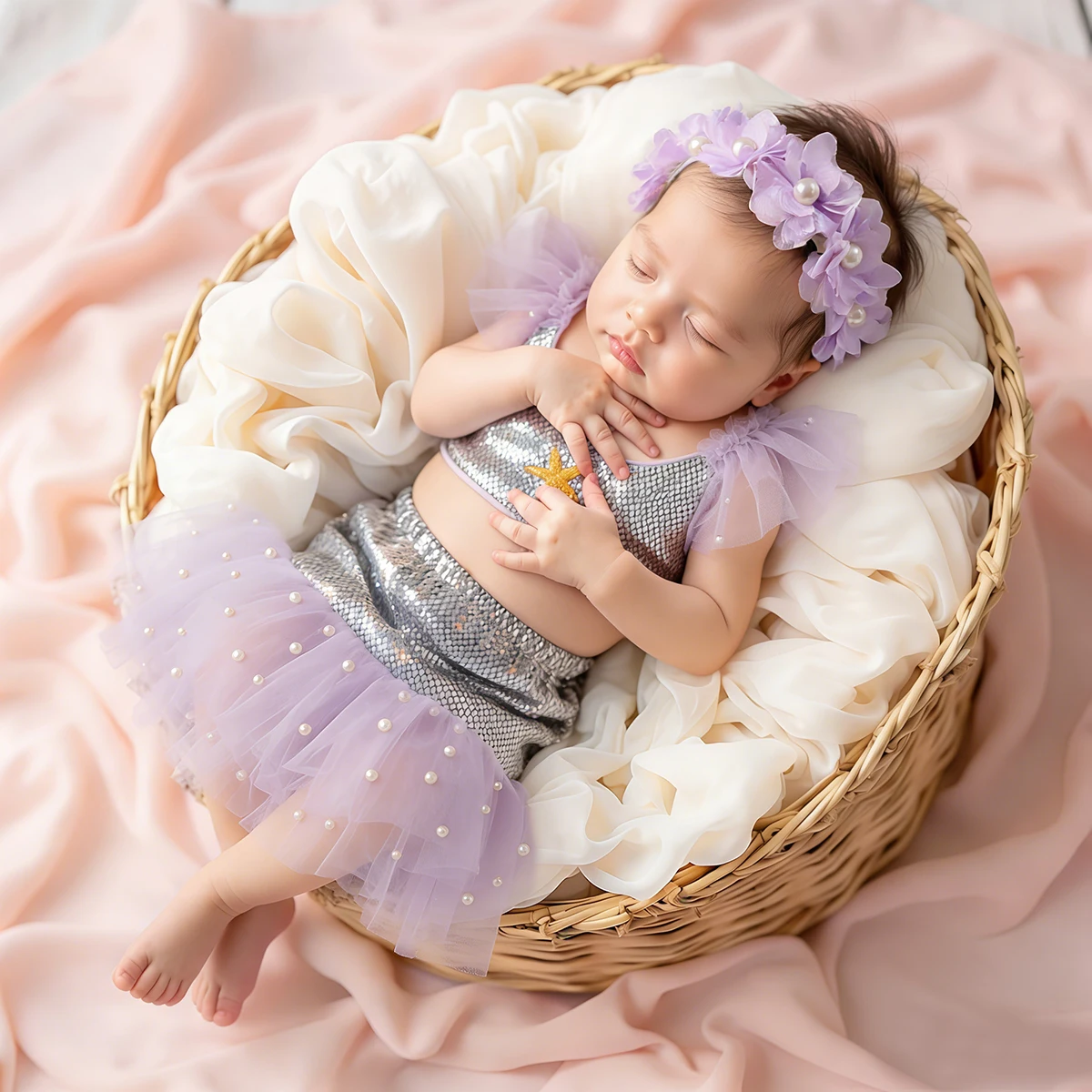 Ylsteed 3Pcs Newborn Photography Props Costume Purple Glitter Mermaid Tail Outfit With Headband Baby Photo Shooting Clothing-HD