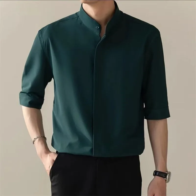 Light Mature Style White Shirts for Men Half Sleeve Business No Ironing Casual Ice Cool Feel Quick Dry High-end Stand Collar Top