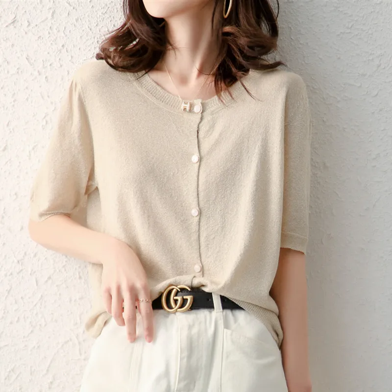 Ice Linen Gold Silk Cardigan Short Sleeved Luxurious Women\'s Spring/Summer Solid Color Round Neck Jade Button Knitted Top