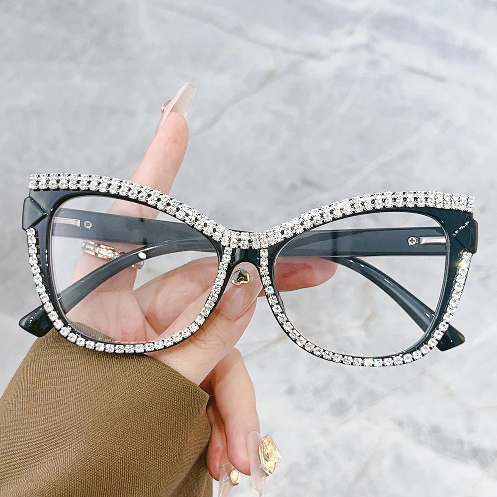 Fashion Cat Eye Glasses With Rhinestones Vintage Trendy Brand Design Anti Blue Light Glasses Women Decoration Computer Eyewear