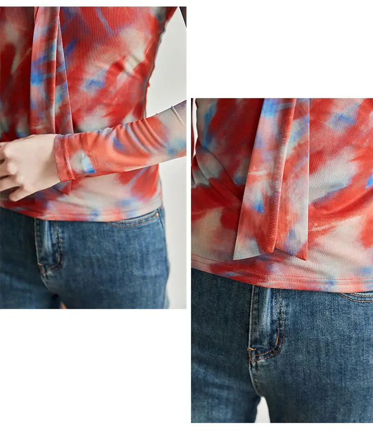 เสื้อตาข่ายสําหรับผู้หญิงเสื้อยืดคอวีแขนยาวเสื้อเบสเสื้อพิมพ์ลายอารมณ์อเนกประสงค์