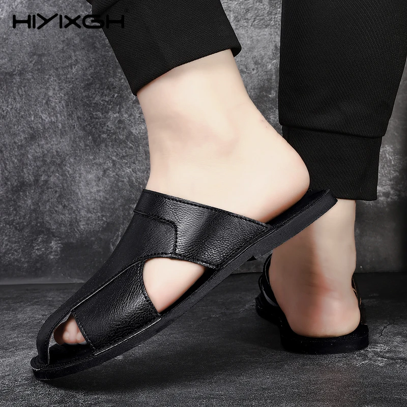 Men's Summer Narrow Leather Casual Slippers Non-slip Durable Flat Shoes For Indoor Outdoor Daily Walking Beach Garden Home