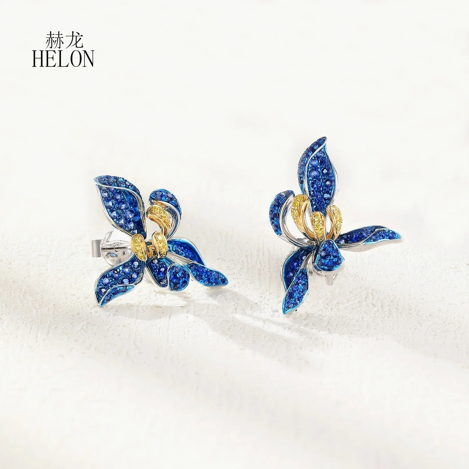 HELON Solid 14K White+Yellow Gold Genuine Sapphire Flower Earrings Real Yellow Sapphire Stud Handcrafted Classic Luxury Jewelry