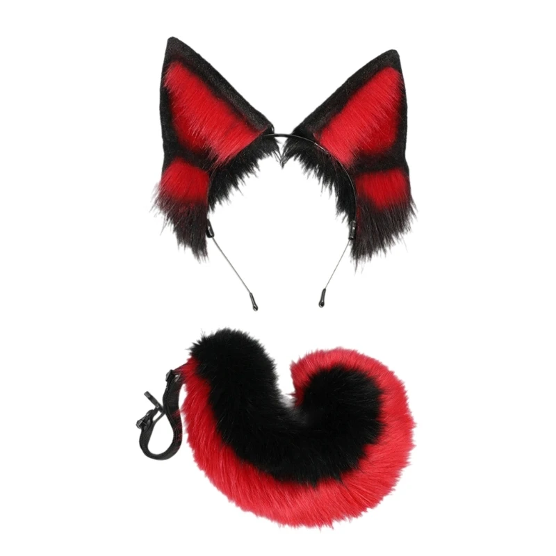 Foxes Tail Adjustable Belt Plush Animal Tail Foxes Ears Headband Halloween Costume Accessories for Adult Woman Man