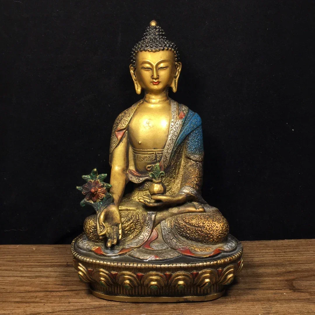 Estátua de Buda Shakyamuni Pintada em Cobre Puro, Decoração Antiga em Bronze para Casa