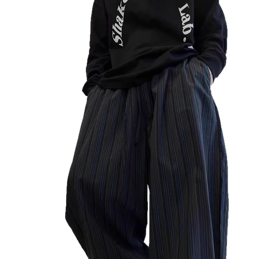 

Retro Black and Blue Vertical Striped Scimitar Wide-leg Pants Men's Loose Casual Versatile Floor-mopping Trousers Men