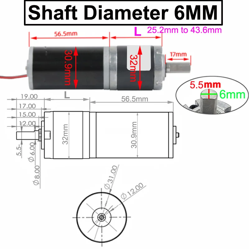 DC Planetary Gear Motor 24V 12V Low Speed Small Motor Diameter 32MM Adjustable Speed And Reversible Shaft Diameter 6MM Or 8MM