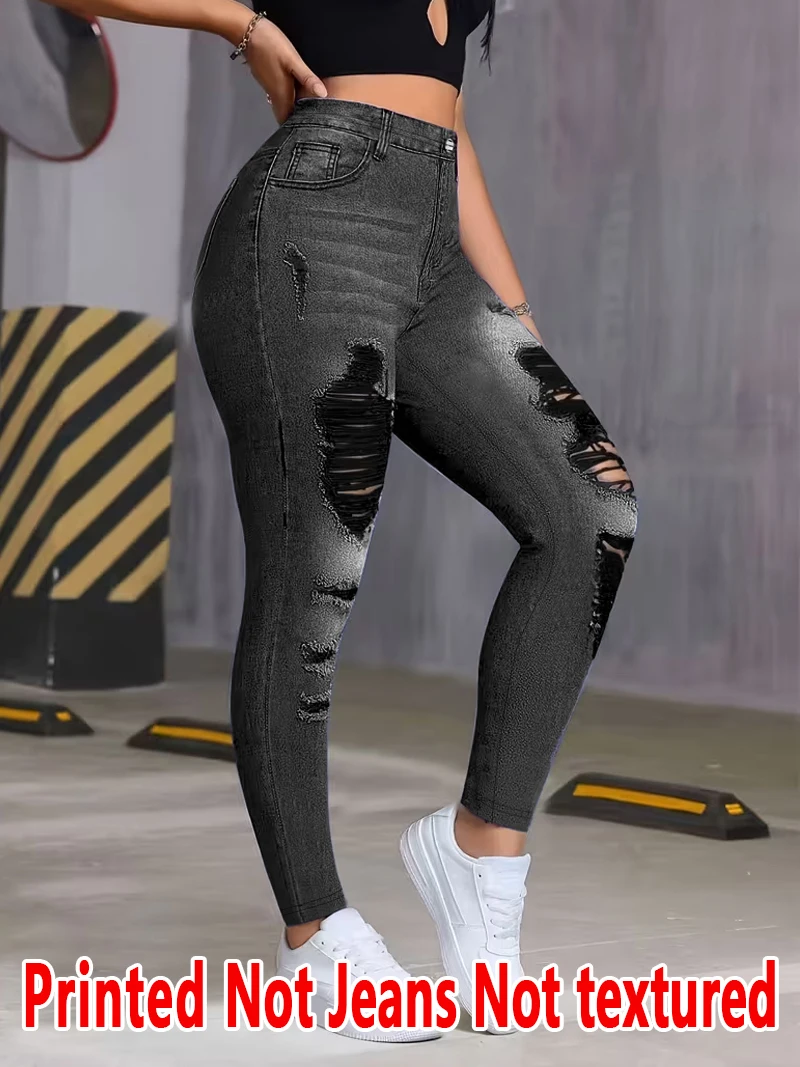 1502  Non- Denim Fabric Printed Trousers Women's Long Pants Fake Denim Print Base Pants Wearable All Seasons