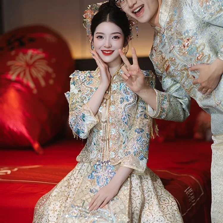 

Цвет шампанского, китайское свадебное платье Xiuhe, женские свадебные платья, свадебные платья Hanfu