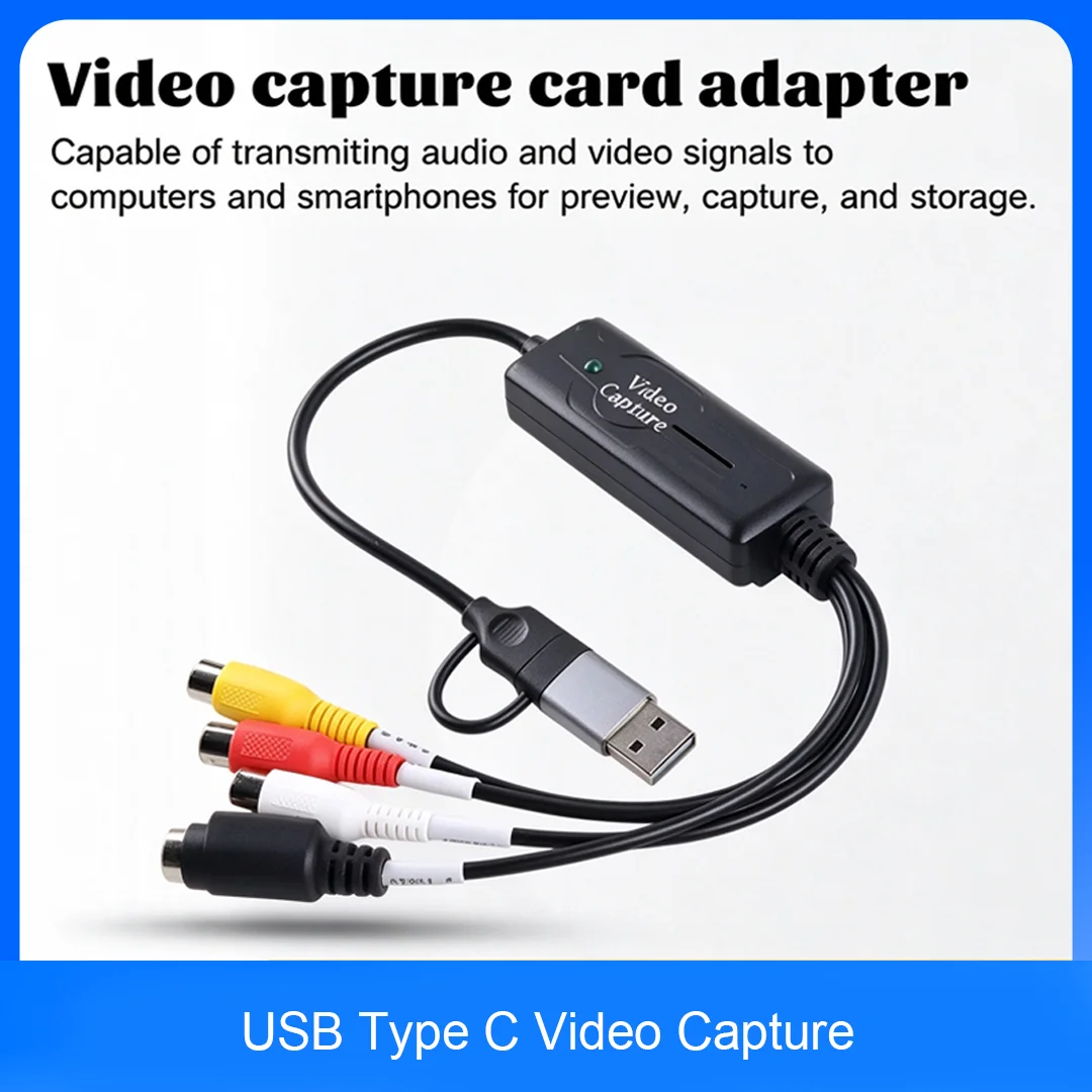 USB Type C Video Capture Card 2 in 1 Type C USB 2.0 AV Video Grabber Record Adapter RCA AV to USB C Video Recorder for PC Camera