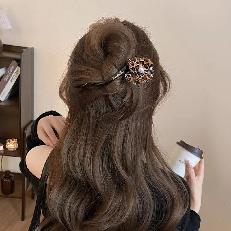 Vintage Leopard Print Flower Pearl Twisted Hair Clip Luxury Elegant Lazy Updo Versatile Aesthetic Hair Accessories