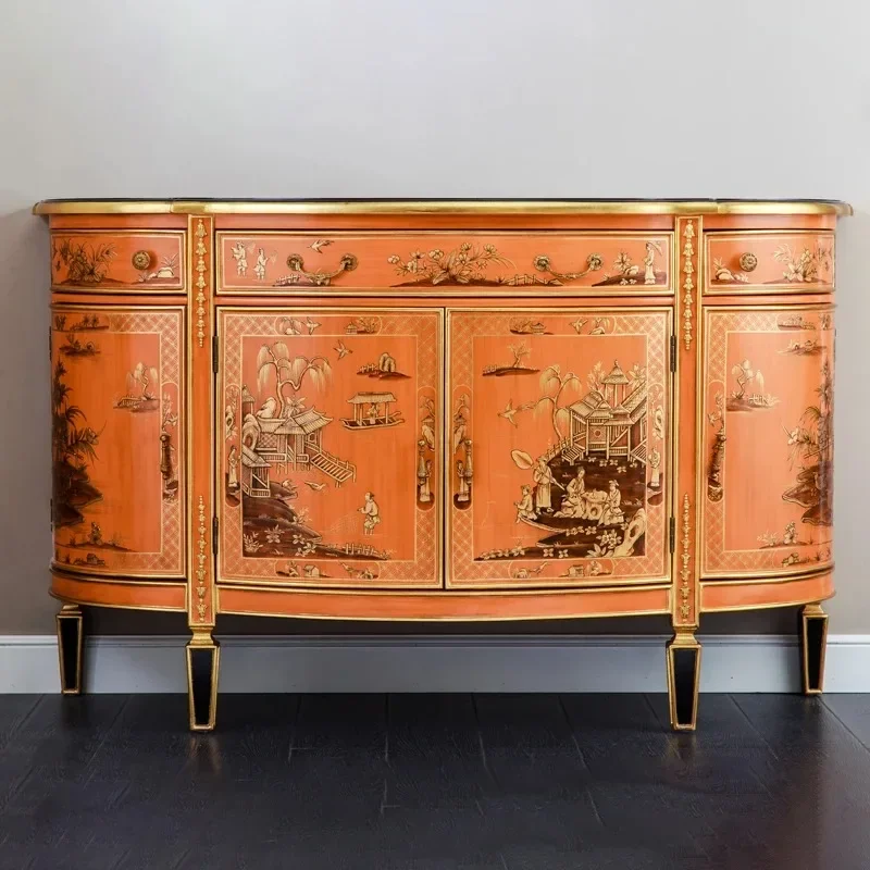 Four door entrance wood carving side table, French living room end table with 3 drawers