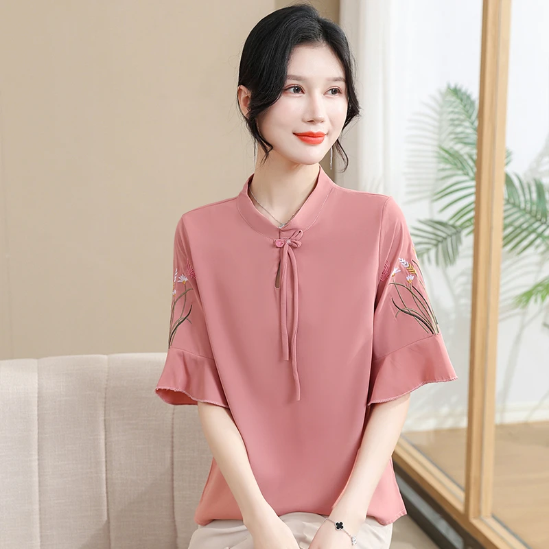 

Светло-зеленая и розовая блузка с вышивкой в китайском стиле, лето 2024, элегантные топы больших размеров, футболка со свободными рукавами и цветочным принтом, повседневная одежда