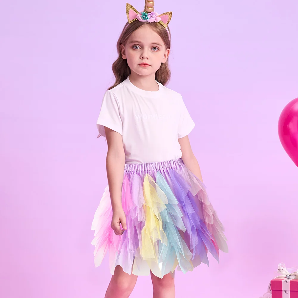 VIKITA Mädchen Regenbogen Mehrfarbiger Tutu-Rock Kinder Bunter Tüll Ballett Tanz Prinzessin Party Mehrlagiger Minirock 3-10 Jahre Süßes Outfit – Detail 2