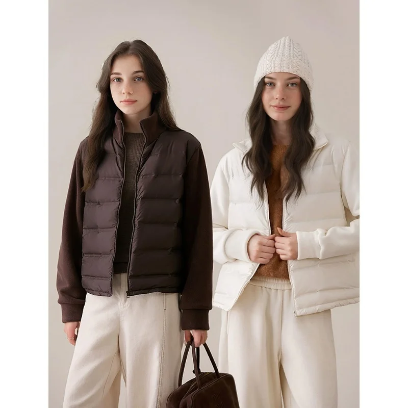 가을 겨울 얇은 플리스 다운 재킷/다운 베스트, 여성용 화이트 덕 다운 스탠드 칼라 캐주얼 지퍼 재킷