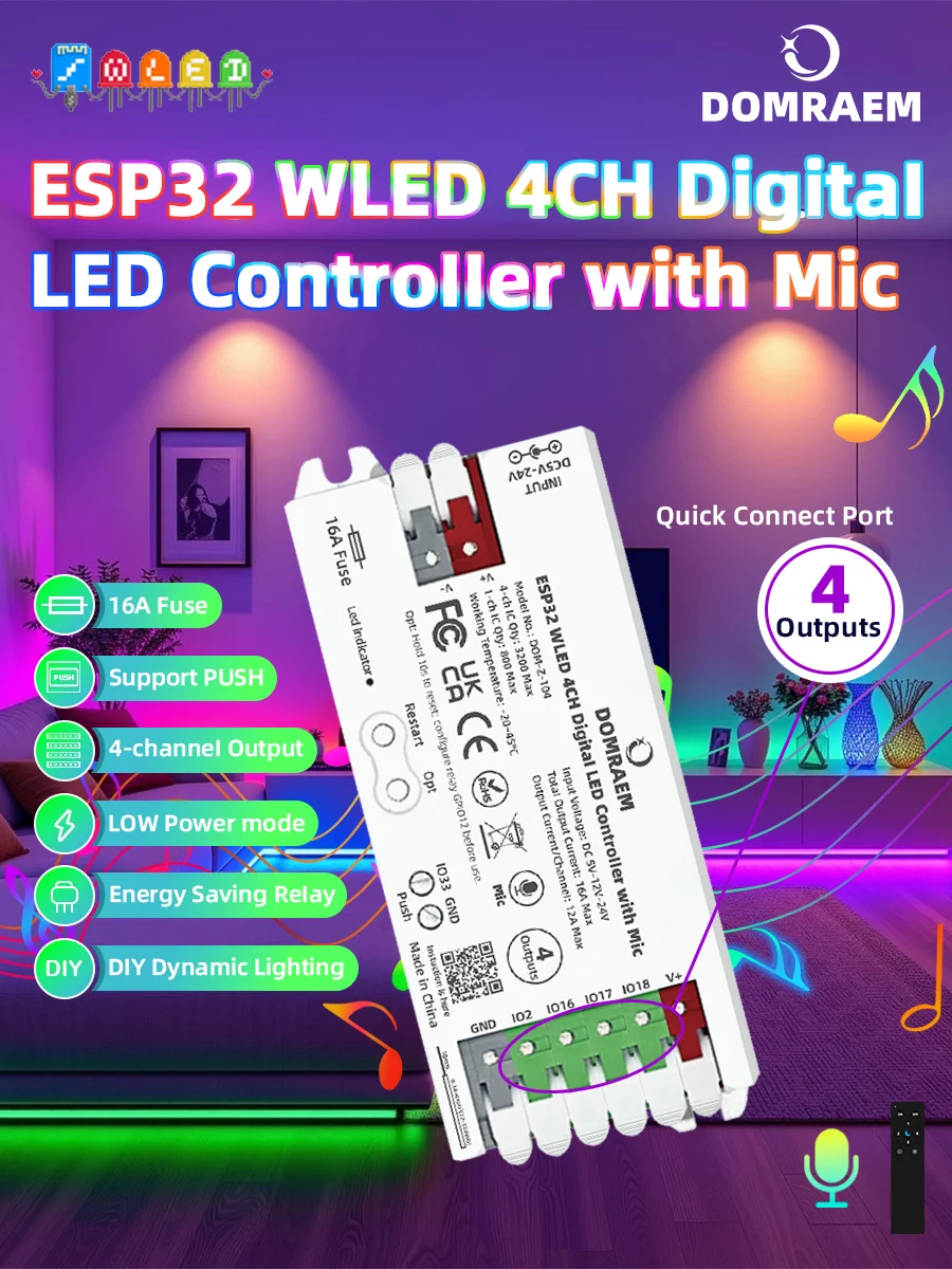 Kontroler DOMRAEM ESP32 WLED, 4-kanałowe wyjście, bezpiecznik 16A z przesuwaczem poziomów dla adresowanych taśm LED WS2811 WS2812 WS2815 SK6812 — 2