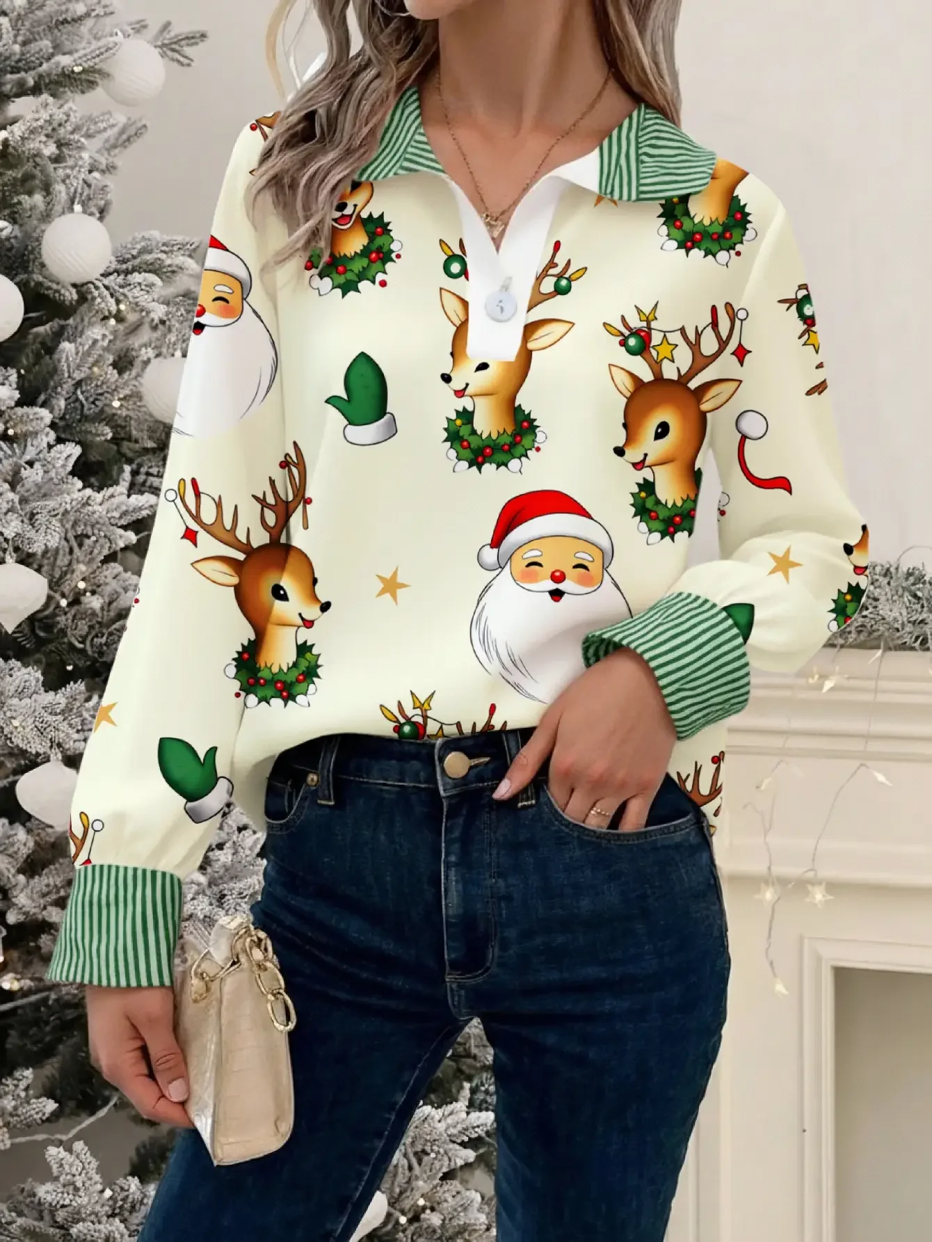 

2026 Spring and Autumn Winter Women's Stand up Collar Shirt Long Sleeve, Christmas reindeer and Santa Claus print