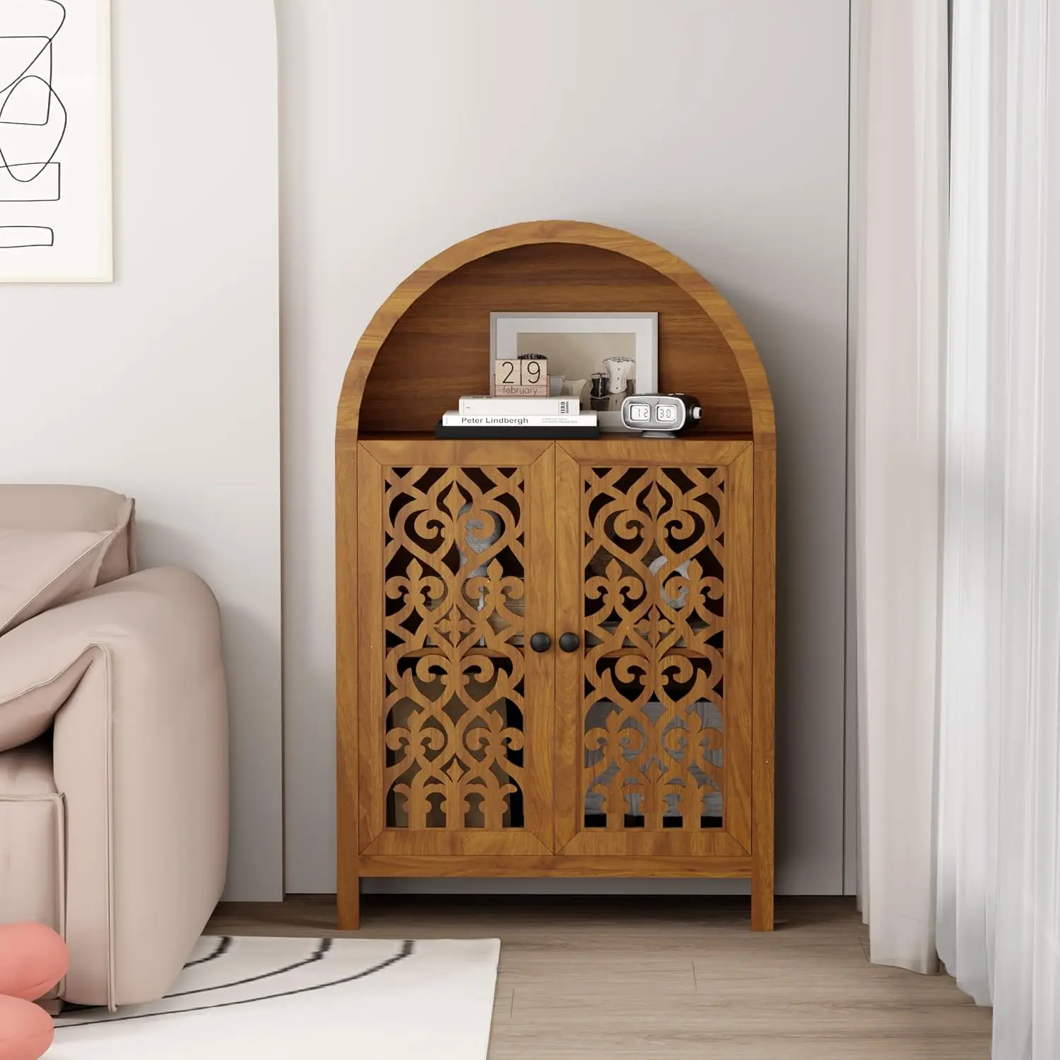 Hand-Carved Arched Wood Credenza 2 Doors Storage Cabinet Open Shelf Tall Narrow Buffet Living Room Entryway Walnut, Customized
