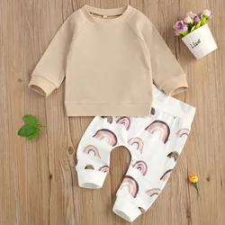 Newborn Baby Boy Pant Sets Autumn Clothes 2-piece Outfit Long Sleeve Top and Rainbow Pants Baby Items Clothing Infant