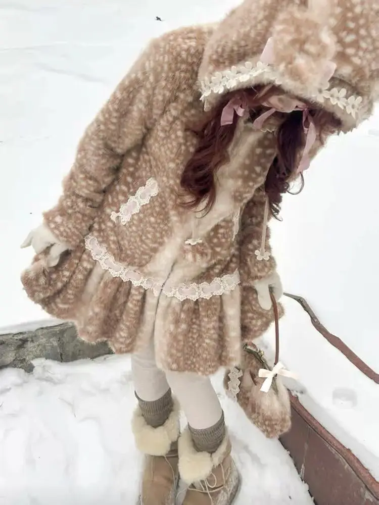 Japanese Vintage Lolita Deer Print Faux Fur Coat Women Hooded Bow Lace Trim Ruffle Hem Loose Fit Warm Winter Female clothes 2026