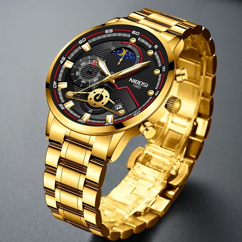 NIBOSI 2025 Men Watch Top Luxury Brand Quartz Mens Watches Chronograph Gold Reloj Hombre Sport Wristwatch Man Relogio Masculino