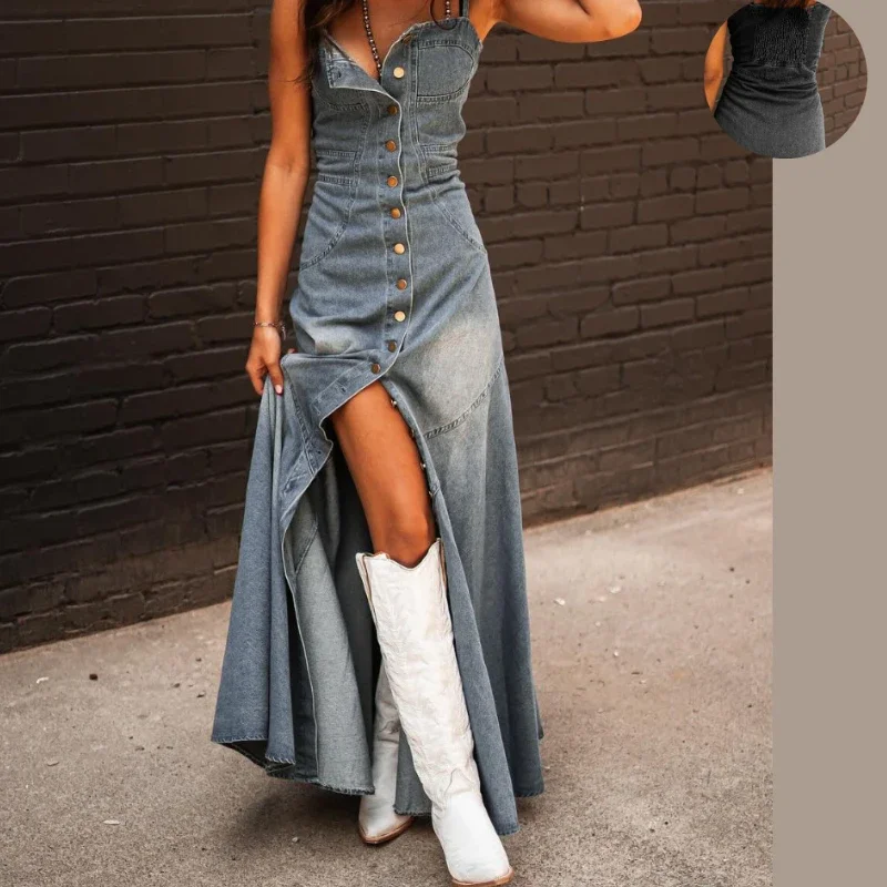 

Sling Dress Women Long Dresses Denim A Line Sleeveless Streetwear Single Breasted Y2k Streetwear Vestidos High Waist Elegant