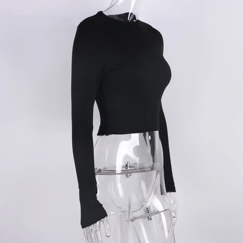 O Neck Long Sleeve Shirt Women Ribbed Sexy Cropped Tops 2023 Spring Black Casual Skinny Slim Basic Woman T Shirts White image 6