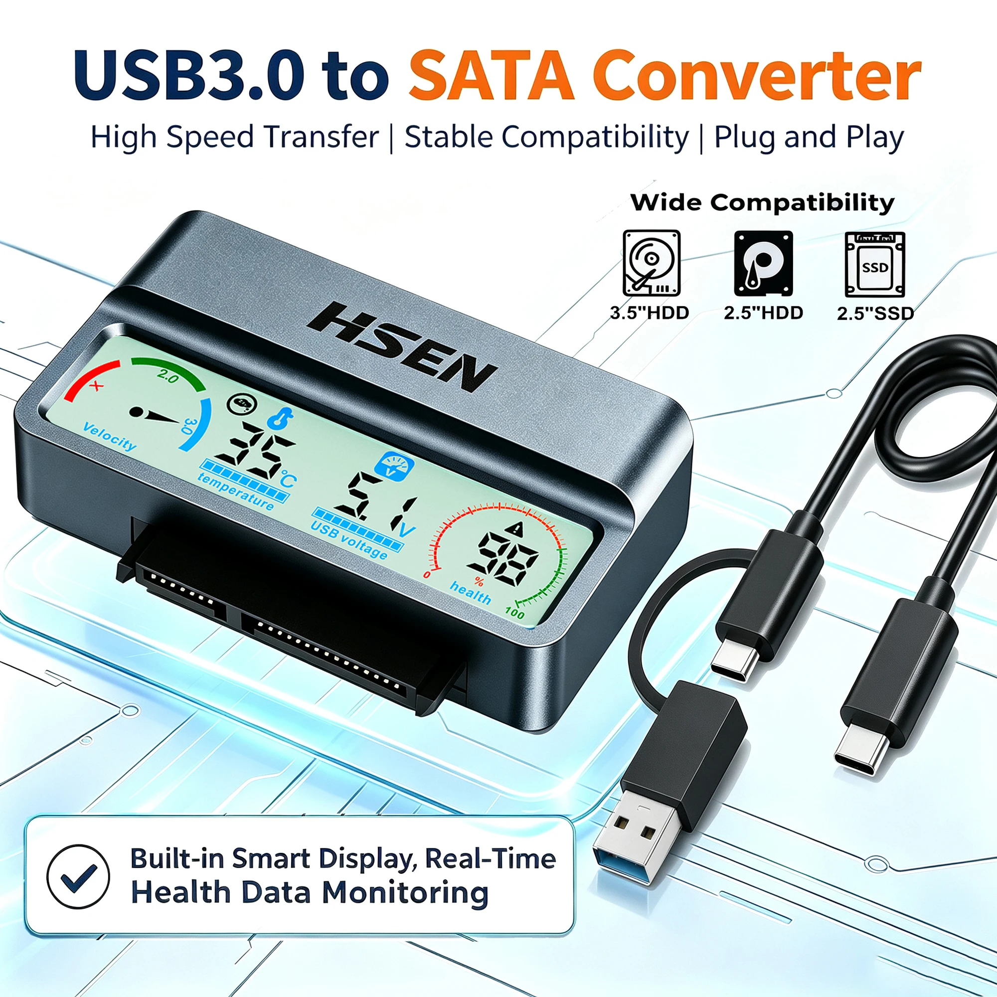 USB 3.0 3.2 to SATA Hard Drive Adapter Cable, 2.5 Inch SSD HDD External SATA to USB Converter Cord for  Hard Disk