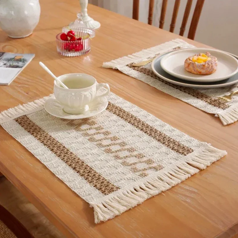 Bohemian Cotton Linen Macrame Table Mat Tassels Colorblocking Weave Placemats Table Coaster for Wedding Dining Party Home Decor