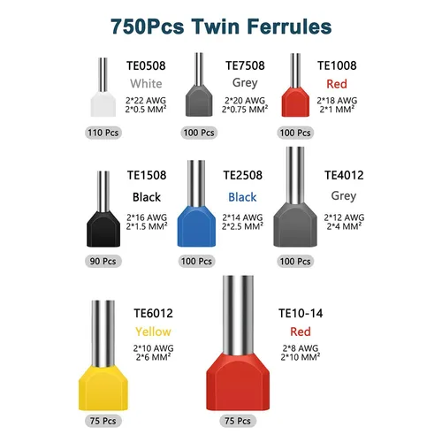 Imagen 2 del producto 8-22AWG 750 Uds kit de conducto de cable de doble virola abrazadera de cable conector doble terminal de cable combinación de casquillos de clavija de cable aislado