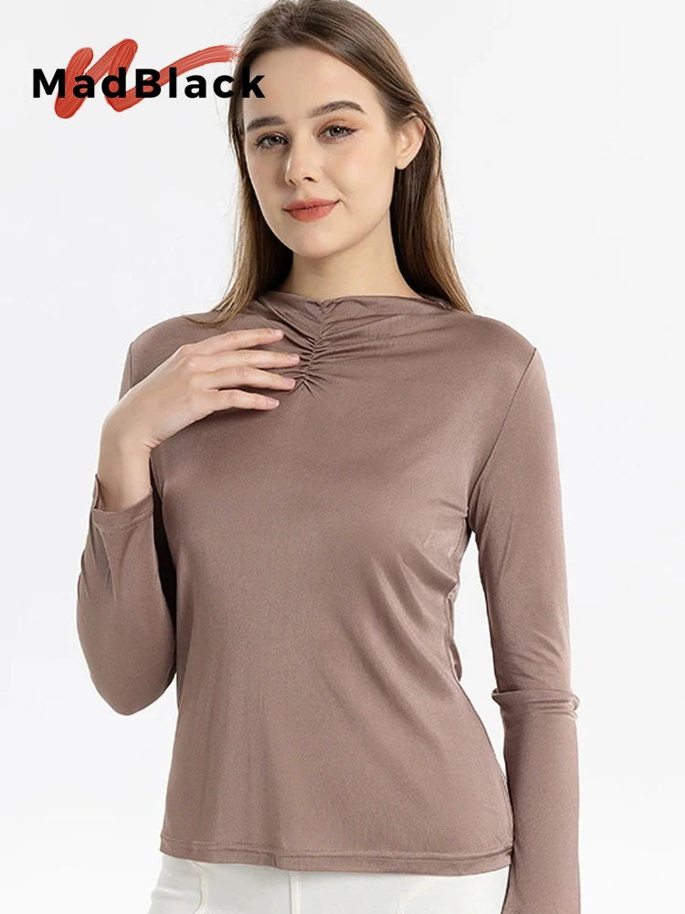 MadBlack-25%Silk 75%Viscose Elegant Knit T-Shirt, O Neck Long Sleeve Folds, Women Basic Commute Thin Top, 2026 Autumn T69814CC