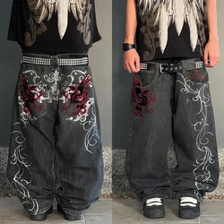 Streetwear Wide Leg Jeans Men Y2K Harajuku Baggy Jeans Embroidery Pattern Hip Hop Vintage Denim Pants Straight Casual Trousers