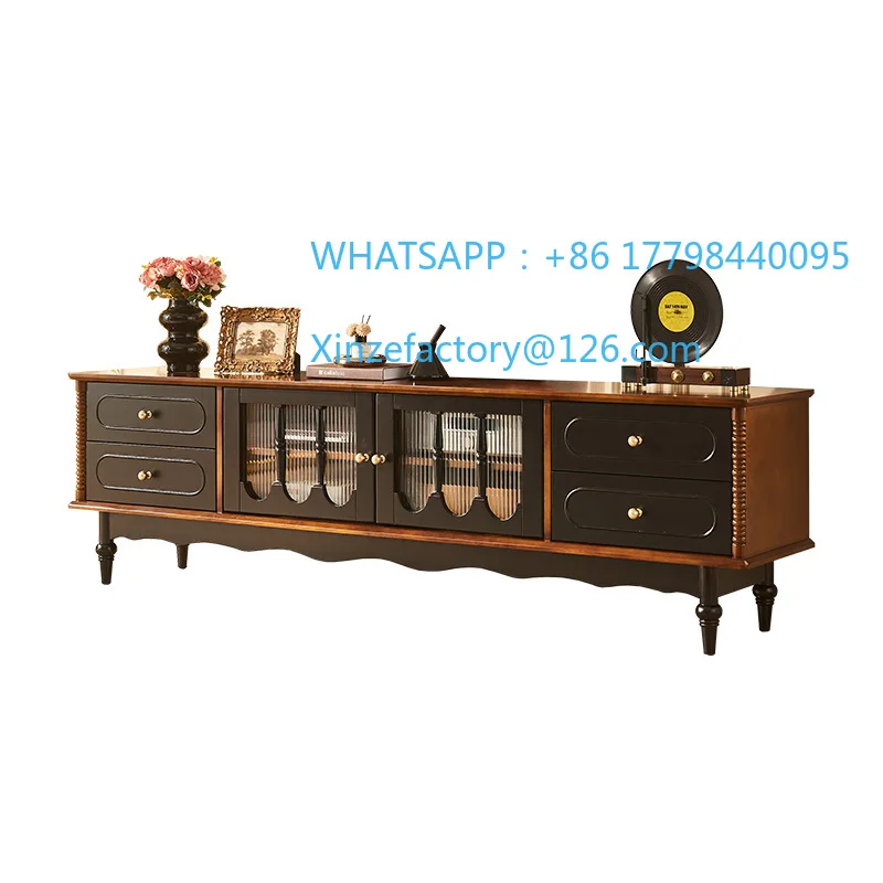 Customizable French Retro Solid Wood TV Cabinet American Living Room Double Floor TV Cabinet Medieval Four Bucket Storage TV