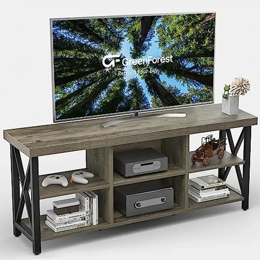 

Entertainment Center TV Stand 65 inch Farmhouse 6 Storage Cabinet Console Organize Living Room Decor Sturdy Industrial Design TV