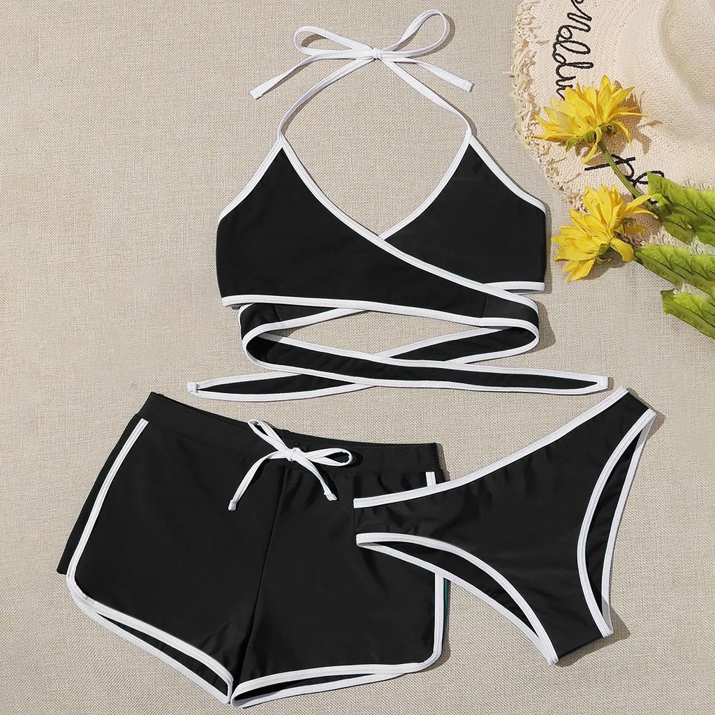 Black Summer Women's 3 Piece Bikini Set New Fashion Swimwear Beachwear Bikini Top Swimsuit Thong Bathers Ladies Swimsuit