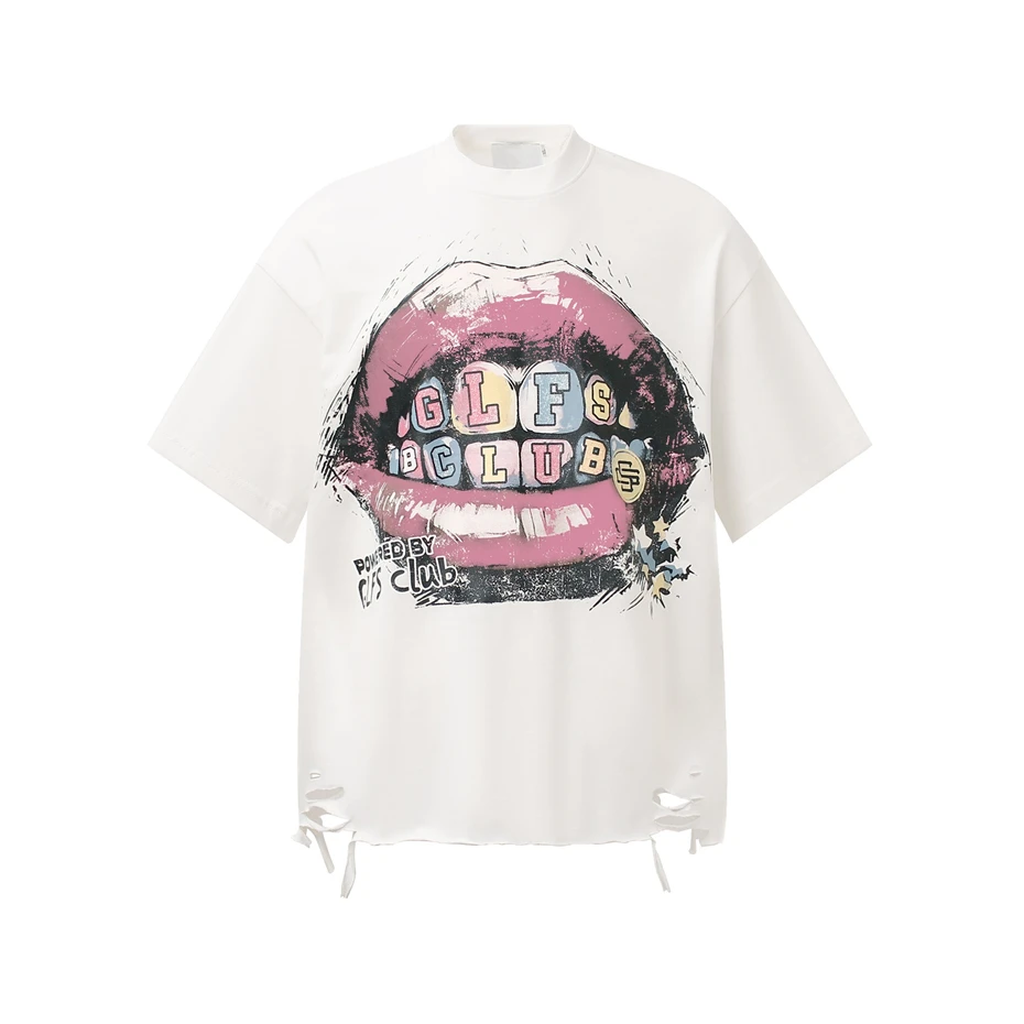Vintage Graphic Print T Shirt Mens Streetwear Hip Hop Ripped Hole Casual Tees Tops Men Oversized Harajuku Short Sleeve T-Shirt