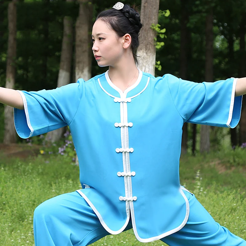 Stretch Linen Tai Chi Suit Set, Women's Summer Short & 3/4 Sleeve Top for Morning Practice