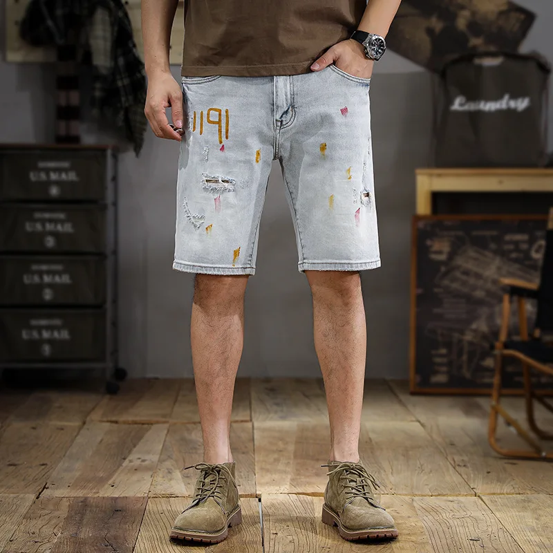 Retro White High-End Denim Shorts Men's Splashed Ink Printing Design Straight Shorts Trendy All-Matching Ripped Middle Pants