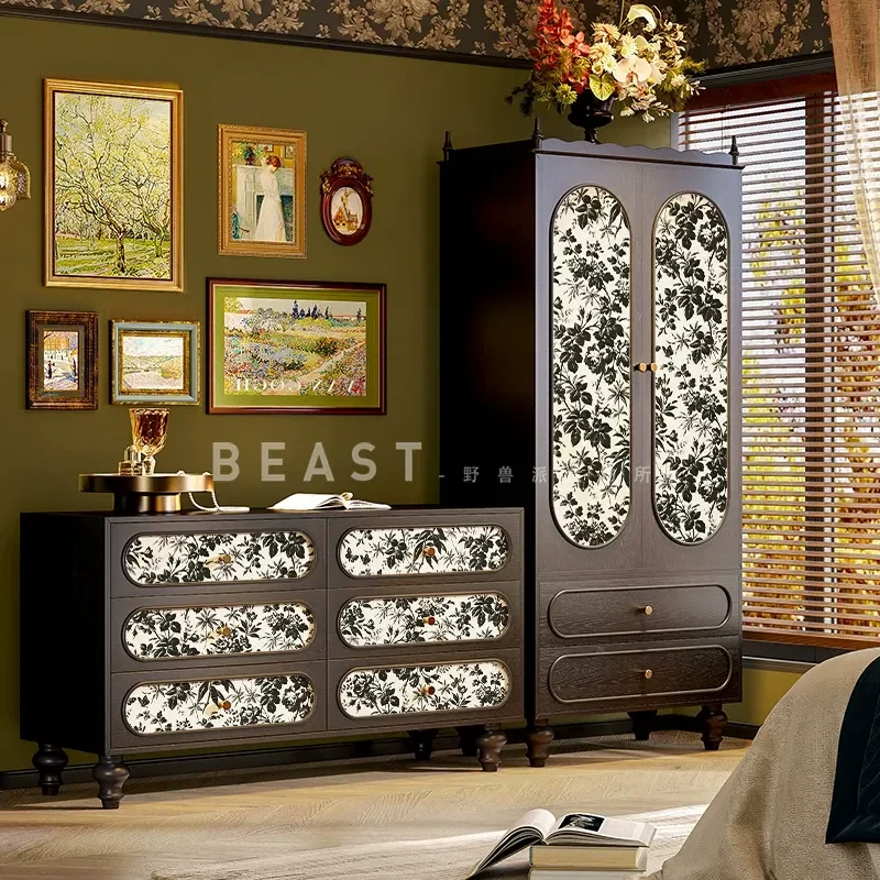 Medieval Style Classical Flower Solid Wood Wardrobe Living Room Entrance Six Drawer Storage Cabinet Household Organizer