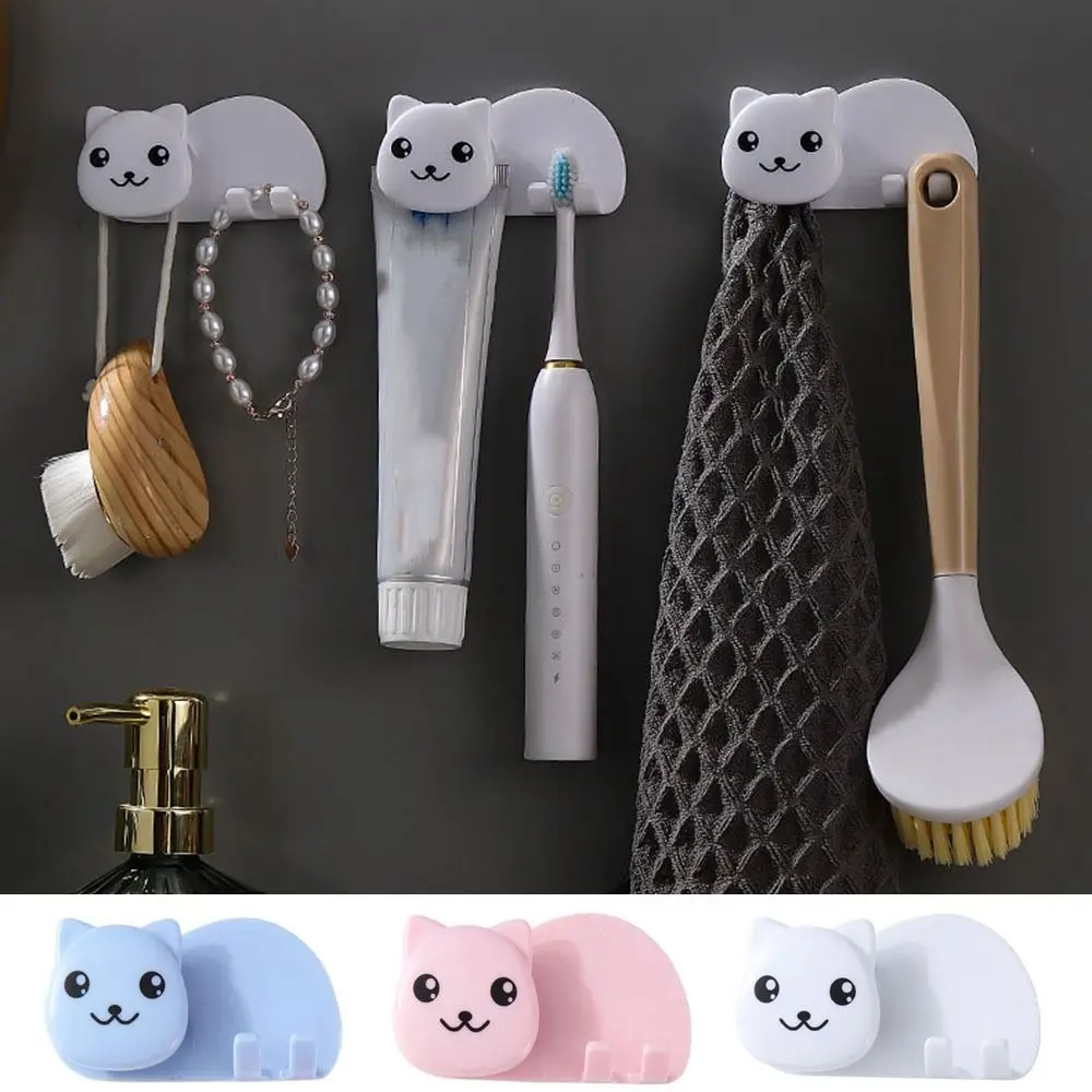 2 in 1 Cat Shaped Toothbrush Holder Plastic Wall Mounted Toothbrush Toothpaste Rack Non Perforated Facial Cleanser Storage Clip