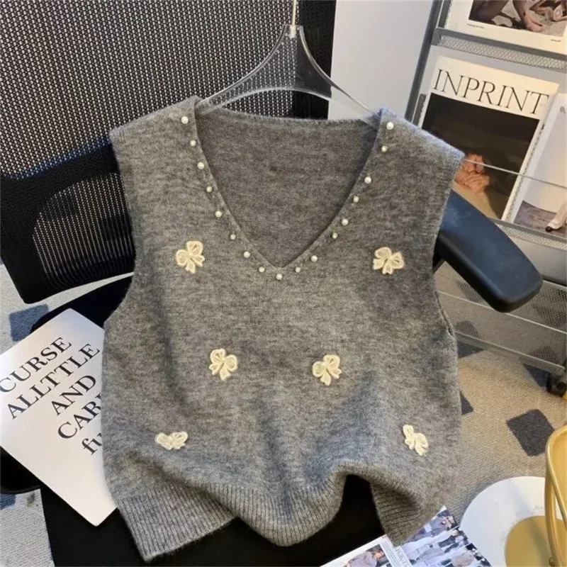 2026 Korean Fashion Beaded Flowers Sleeveless New Pullover Knitted Vest Vest Sleeveless Bow Top Lace Sweater Chinese Clothes