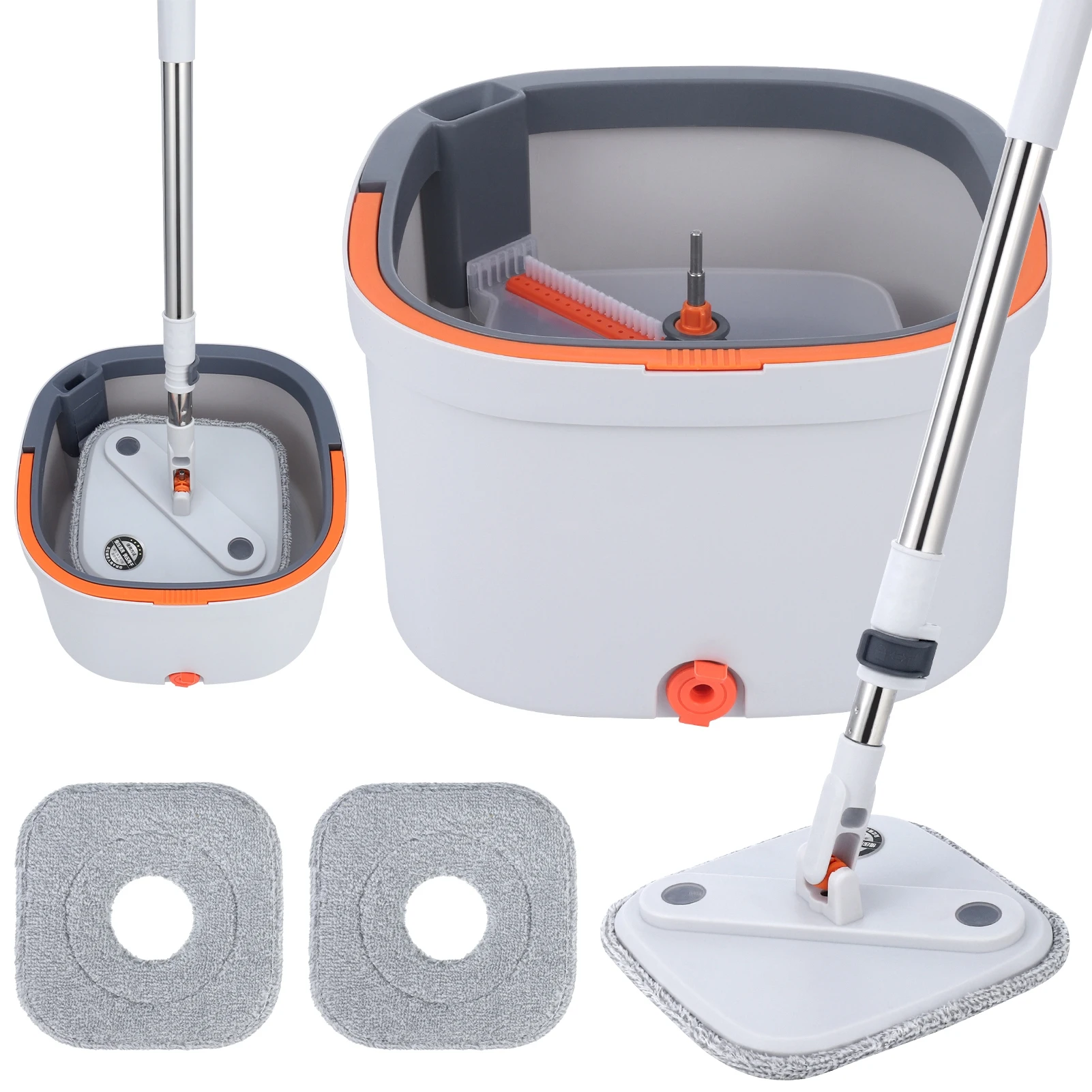 Spin Mop and Bucket Set with Self Separation Dirty and Clean Water System, Self Wringing 360° Rotating Square Mop-Head (3 Pads)